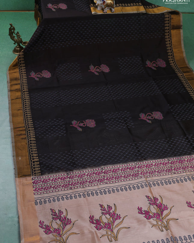 Uppada block printed silk saree deep coffee brown and sandal with allover butta prints and zari woven border
