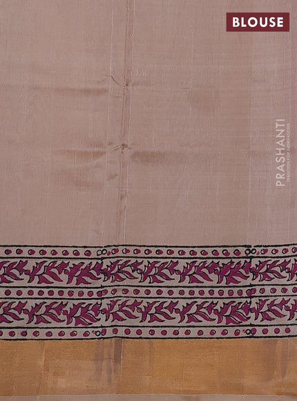 Uppada block printed silk saree deep coffee brown and sandal with allover butta prints and zari woven border