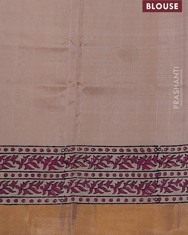 Uppada block printed silk saree deep coffee brown and sandal with allover butta prints and zari woven border