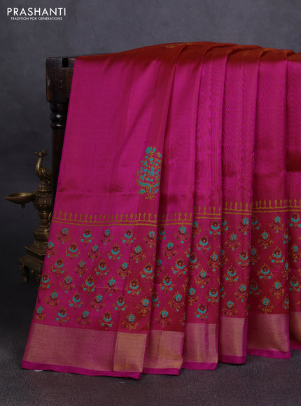 Uppada block printed silk saree dual tone pink and magenta pink with butta prints and long printed zari woven border