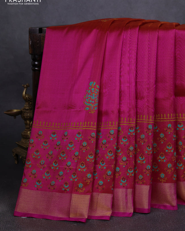 Uppada block printed silk saree dual tone pink and magenta pink with butta prints and long printed zari woven border
