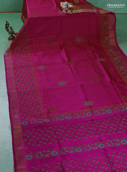 Uppada block printed silk saree dual tone pink and magenta pink with butta prints and long printed zari woven border