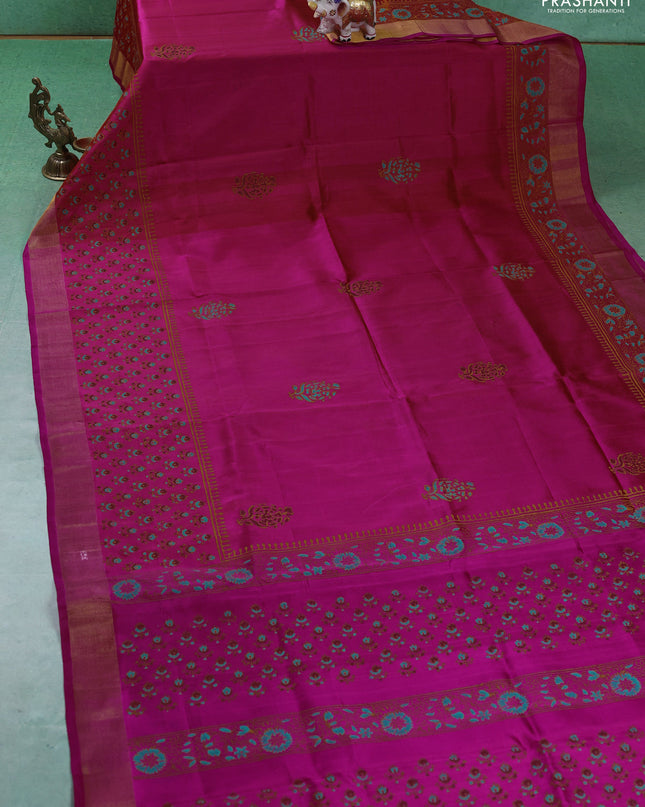 Uppada block printed silk saree dual tone pink and magenta pink with butta prints and long printed zari woven border