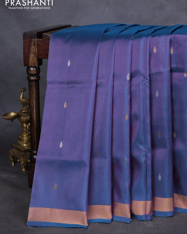 Pure uppada silk saree dual tone peacock blue with silver & gold zari woven thilak buttas and jamdhani weaving pallu