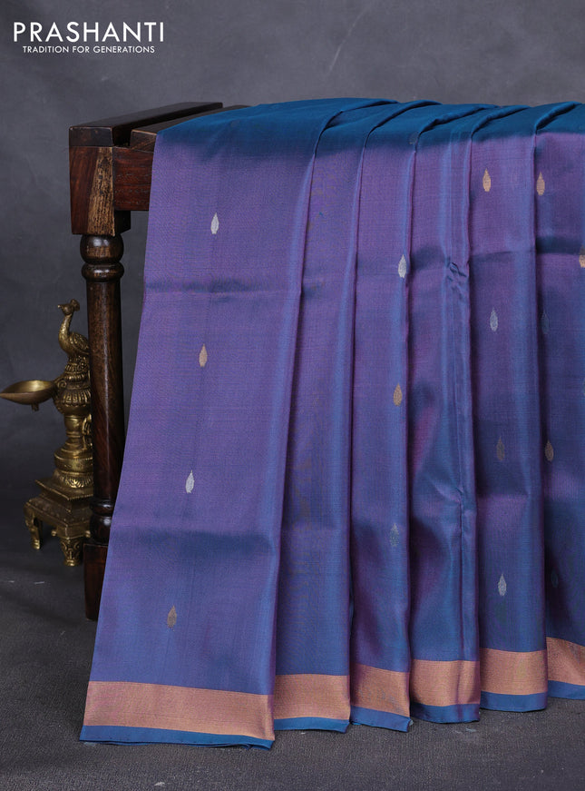 Pure uppada silk saree dual tone peacock blue with silver & gold zari woven thilak buttas and jamdhani weaving pallu
