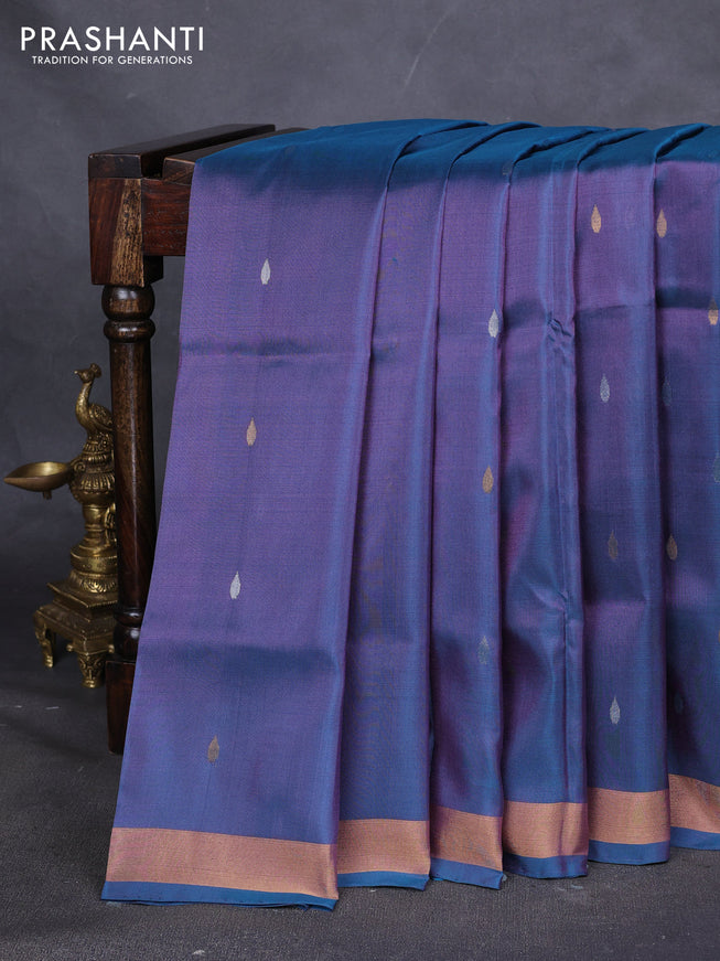 Pure uppada silk saree dual tone peacock blue with silver & gold zari woven thilak buttas and jamdhani weaving pallu