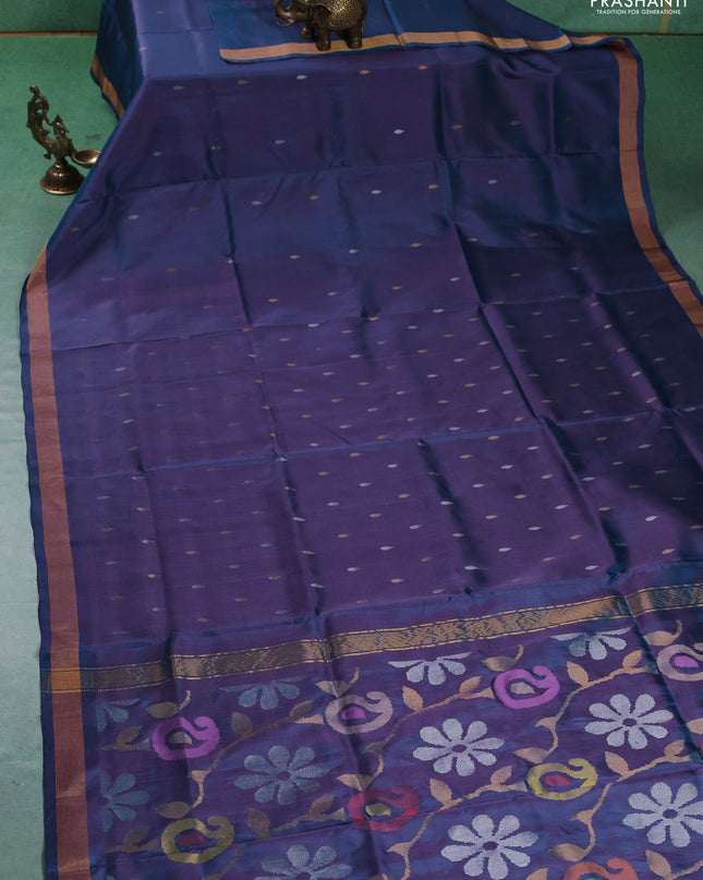 Pure uppada silk saree dual tone peacock blue with silver & gold zari woven thilak buttas and jamdhani weaving pallu