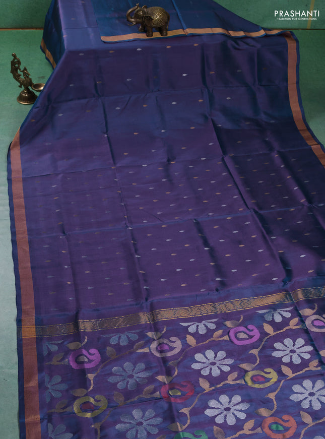 Pure uppada silk saree dual tone peacock blue with silver & gold zari woven thilak buttas and jamdhani weaving pallu