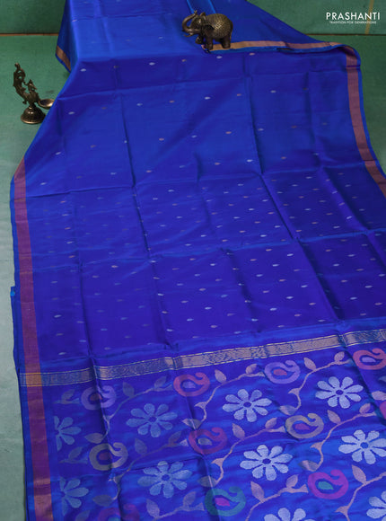 Pure uppada silk saree blue with silver & gold zari woven thilak buttas and jamdhani weaving pallu