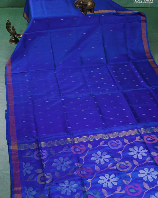 Pure uppada silk saree blue with silver & gold zari woven thilak buttas and jamdhani weaving pallu