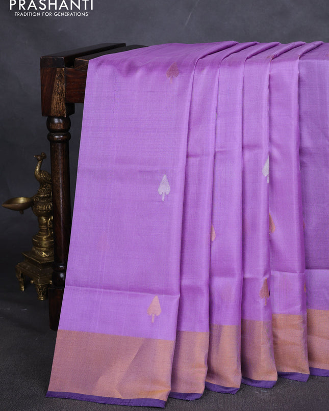 Pure uppada silk saree lavender and navy blue with silver & gold zari woven buttas and jamdhani weaving pallu