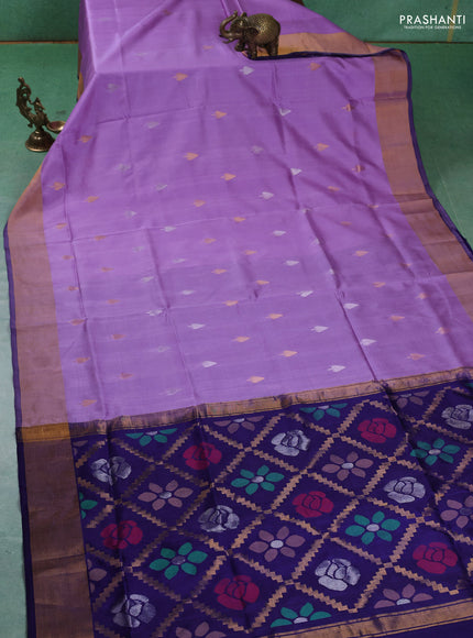 Pure uppada silk saree lavender and navy blue with silver & gold zari woven buttas and jamdhani weaving pallu
