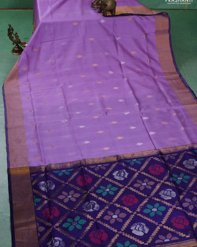 Pure uppada silk saree lavender and navy blue with silver & gold zari woven buttas and jamdhani weaving pallu