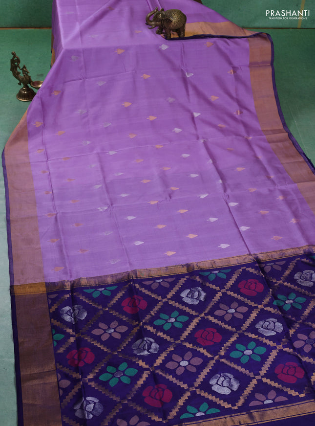 Pure uppada silk saree lavender and navy blue with silver & gold zari woven buttas and jamdhani weaving pallu