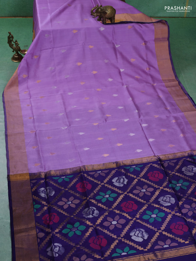 Pure uppada silk saree lavender and navy blue with silver & gold zari woven buttas and jamdhani weaving pallu