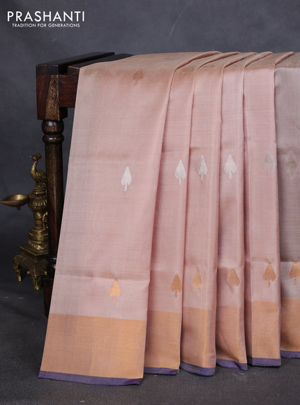 Pure uppada silk saree beige and dark blue with silver & gold zari woven buttas and jamdhani weaving pallu
