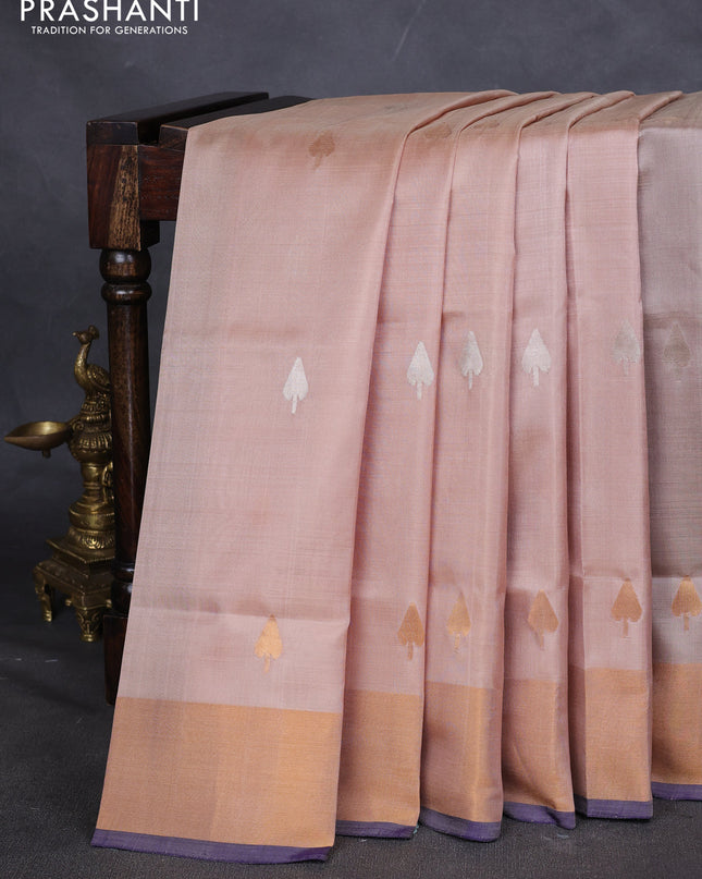 Pure uppada silk saree beige and dark blue with silver & gold zari woven buttas and jamdhani weaving pallu