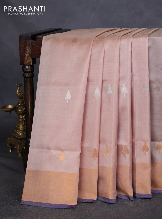 Pure uppada silk saree beige and dark blue with silver & gold zari woven buttas and jamdhani weaving pallu