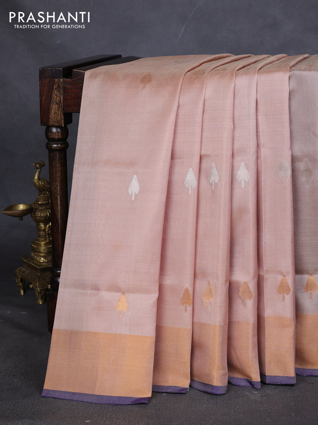 Pure uppada silk saree beige and dark blue with silver & gold zari woven buttas and jamdhani weaving pallu