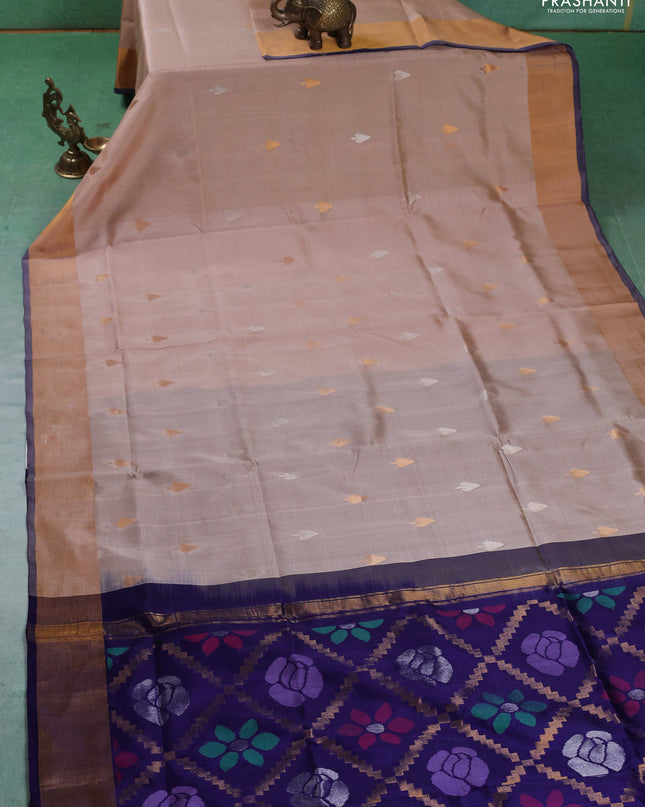 Pure uppada silk saree beige and dark blue with silver & gold zari woven buttas and jamdhani weaving pallu