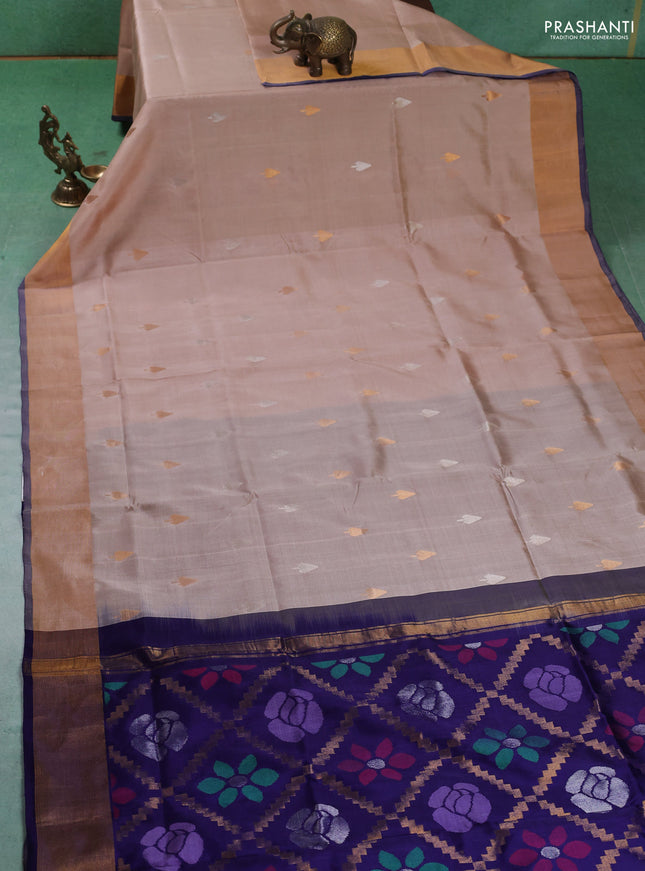 Pure uppada silk saree beige and dark blue with silver & gold zari woven buttas and jamdhani weaving pallu