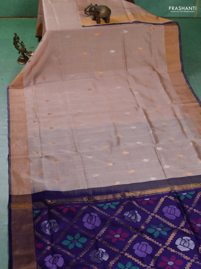 Pure uppada silk saree beige and dark blue with silver & gold zari woven buttas and jamdhani weaving pallu