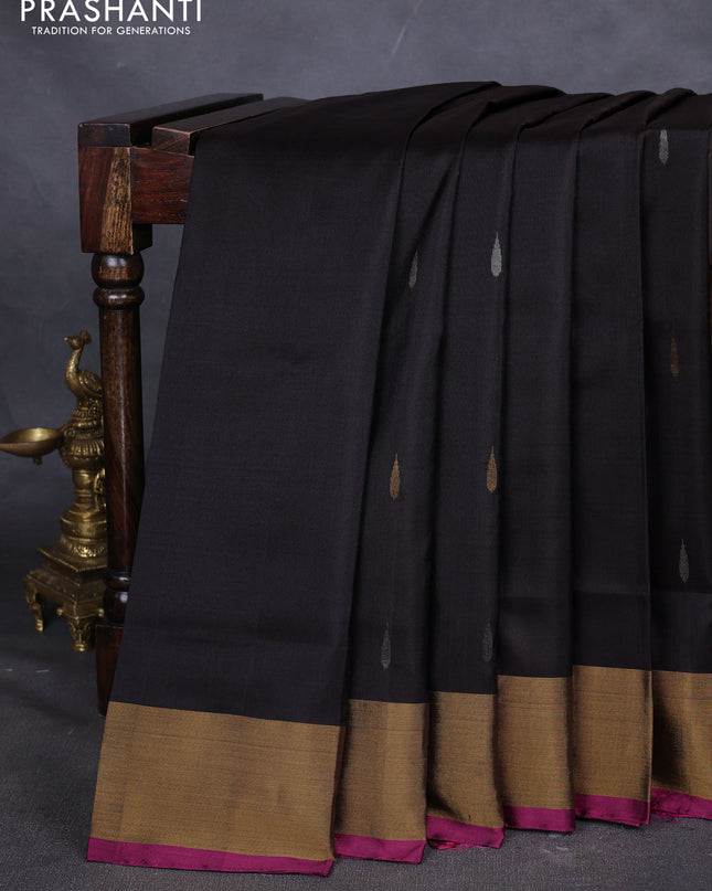 Pure uppada silk saree coffee brown and pink with silver & gold zari woven thilak buttas and jamdhani weaving pallu
