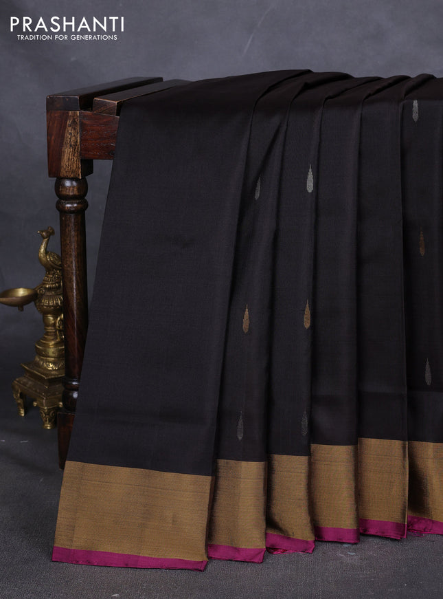 Pure uppada silk saree coffee brown and pink with silver & gold zari woven thilak buttas and jamdhani weaving pallu