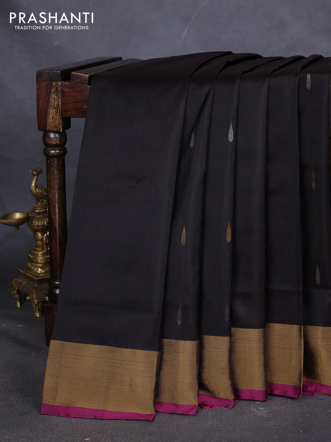 Pure uppada silk saree coffee brown and pink with silver & gold zari woven thilak buttas and jamdhani weaving pallu