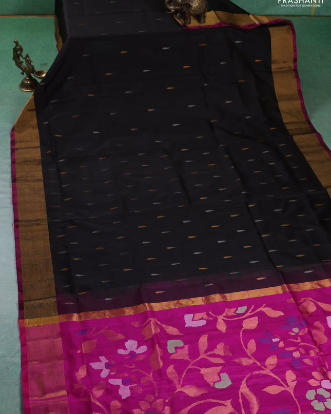 Pure uppada silk saree coffee brown and pink with silver & gold zari woven thilak buttas and jamdhani weaving pallu