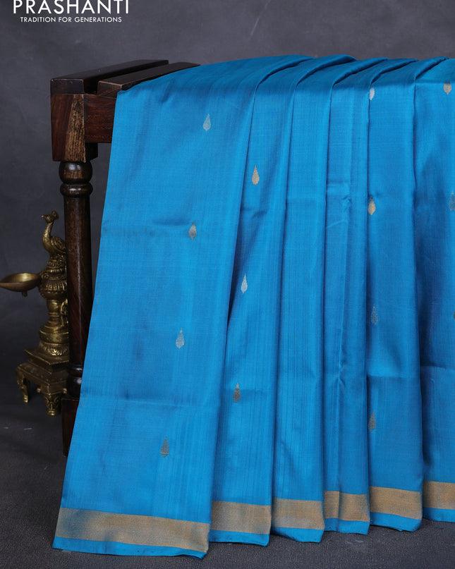 Pure uppada silk saree cs blue with silver & gold zari woven thilak buttas and jamdhani weaving pallu