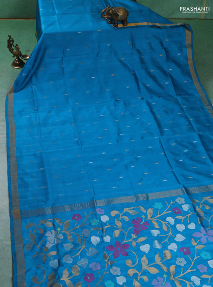 Pure uppada silk saree cs blue with silver & gold zari woven thilak buttas and jamdhani weaving pallu