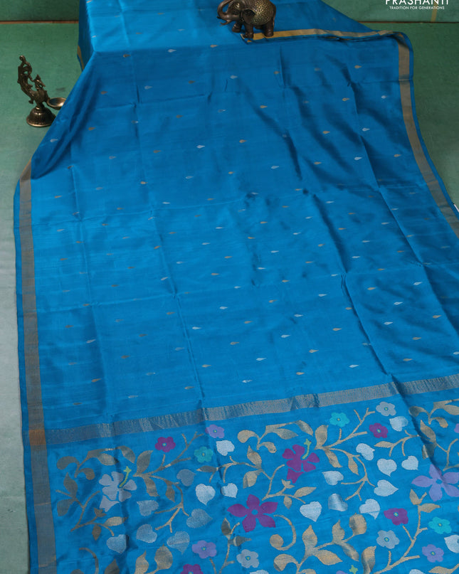 Pure uppada silk saree cs blue with silver & gold zari woven thilak buttas and jamdhani weaving pallu