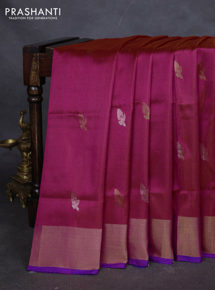 Pure uppada silk saree dual tone pinkish orange and blue with silver & gold zari woven buttas and jamdhani weaving pallu