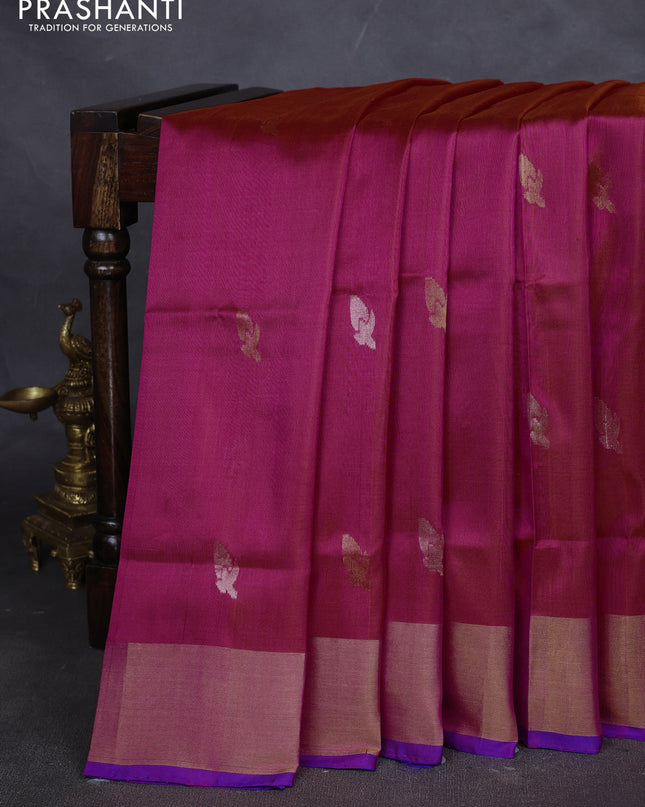 Pure uppada silk saree dual tone pinkish orange and blue with silver & gold zari woven buttas and jamdhani weaving pallu