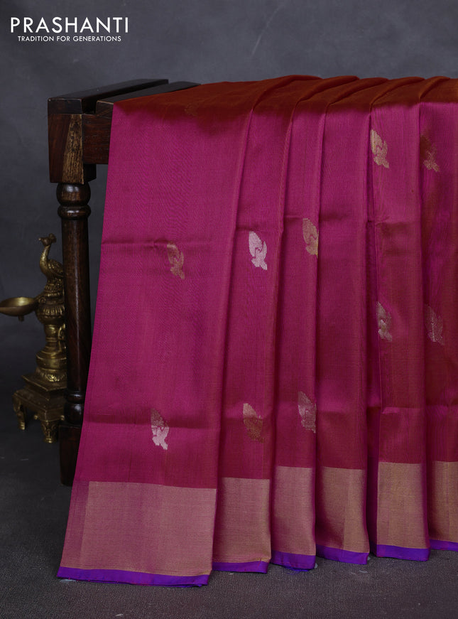 Pure uppada silk saree dual tone pinkish orange and blue with silver & gold zari woven buttas and jamdhani weaving pallu