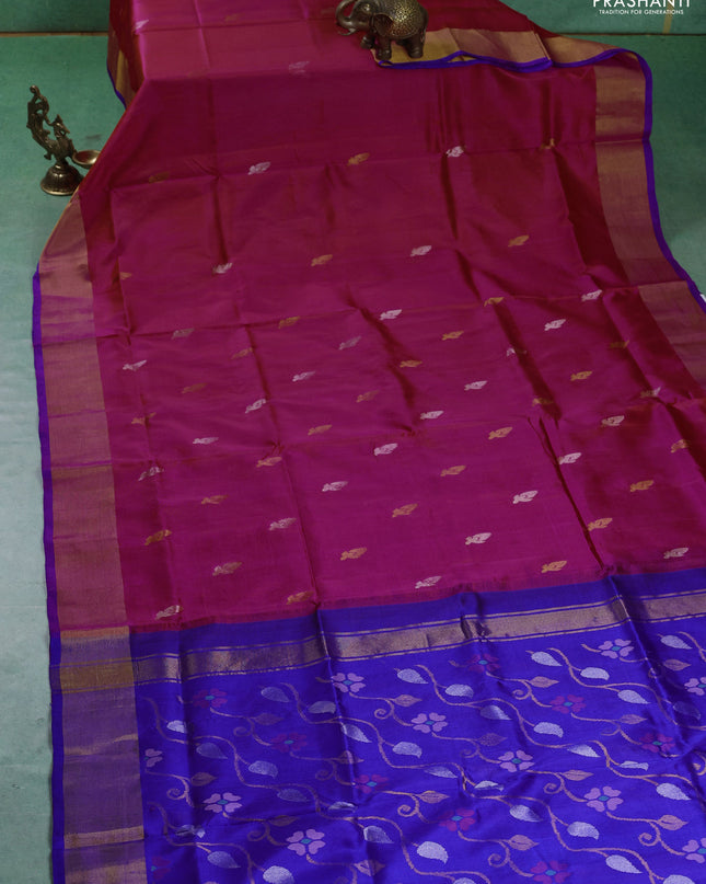 Pure uppada silk saree dual tone pinkish orange and blue with silver & gold zari woven buttas and jamdhani weaving pallu