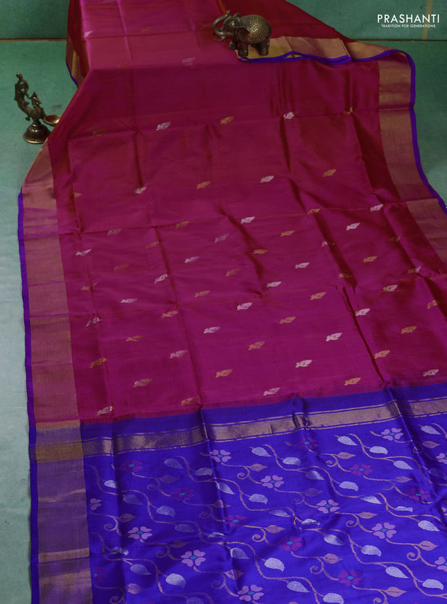 Pure uppada silk saree dual tone pinkish orange and blue with silver & gold zari woven buttas and jamdhani weaving pallu