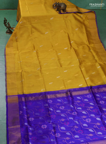 Pure uppada silk saree yellow and blue with silver & gold zari woven buttas and jamdhani weaving pallu