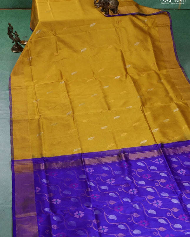 Pure uppada silk saree yellow and blue with silver & gold zari woven buttas and jamdhani weaving pallu