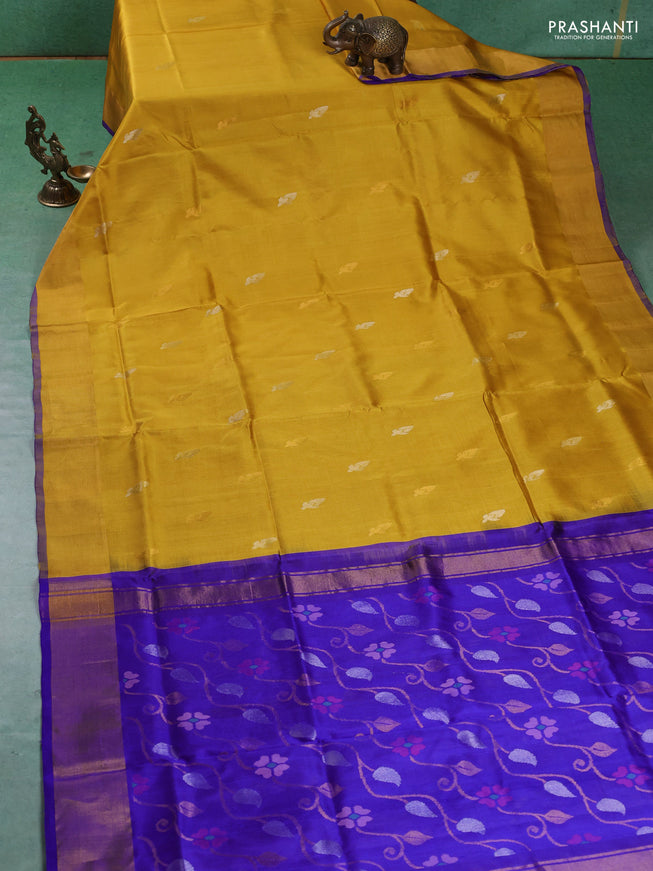 Pure uppada silk saree yellow and blue with silver & gold zari woven buttas and jamdhani weaving pallu