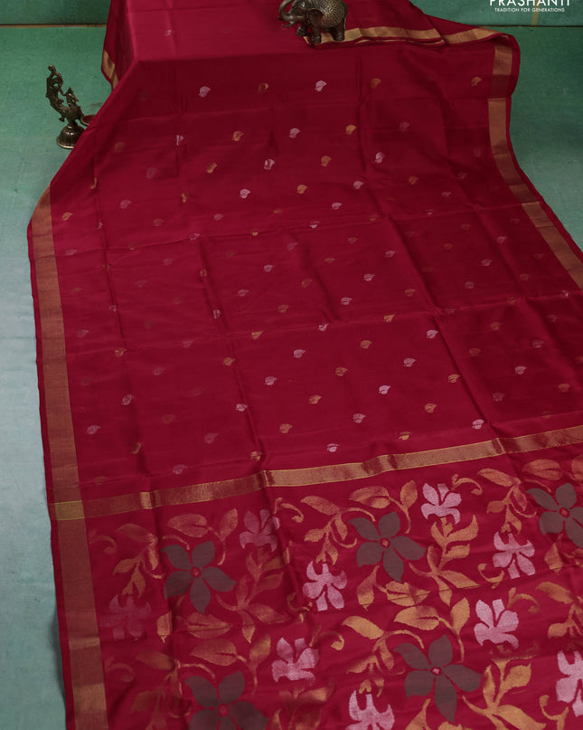 Pure uppada silk saree red with silver & gold zari woven buttas and jamdhani weaving pallu