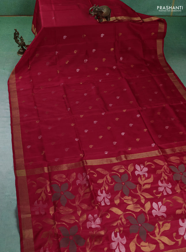 Pure uppada silk saree red with silver & gold zari woven buttas and jamdhani weaving pallu