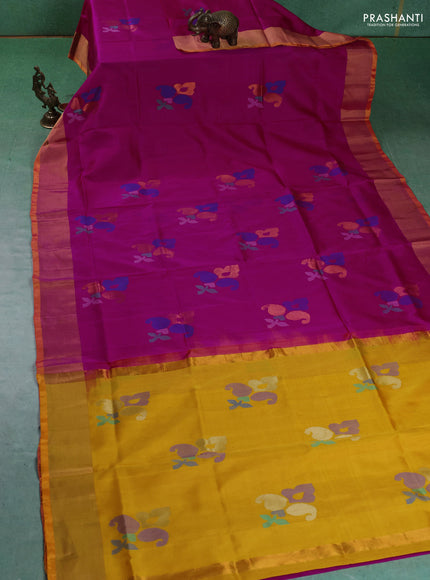 Pure uppada silk saree magenta pink and yellow with jamdhani buttas and jamdhani weaving pallu