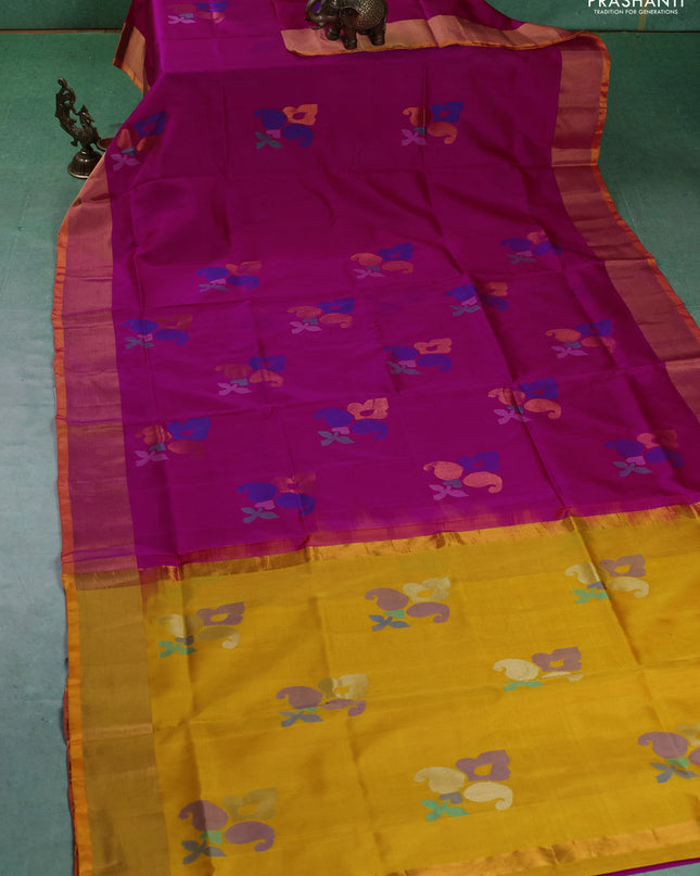 Pure uppada silk saree magenta pink and yellow with jamdhani buttas and jamdhani weaving pallu