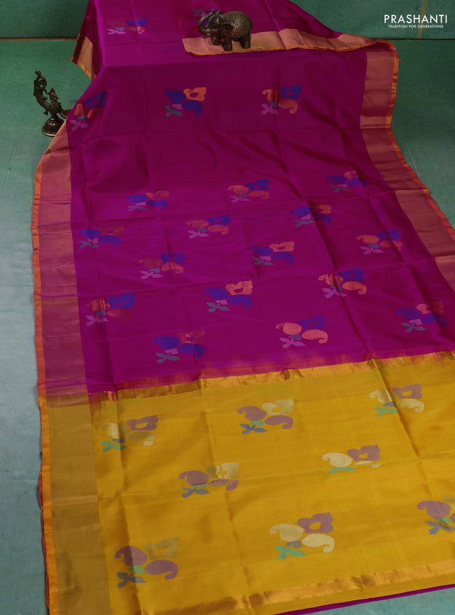 Pure uppada silk saree magenta pink and yellow with jamdhani buttas and jamdhani weaving pallu