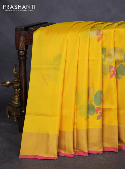 Pure uppada silk saree yellow and pink with jamdhani buttas and jamdhani weaving pallu