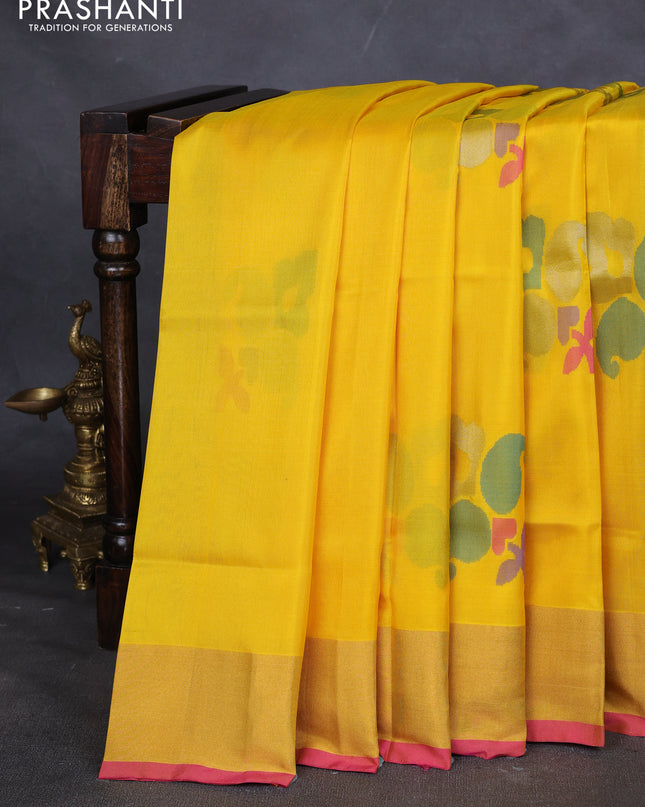 Pure uppada silk saree yellow and pink with jamdhani buttas and jamdhani weaving pallu