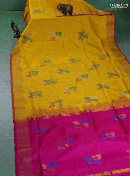 Pure uppada silk saree yellow and pink with jamdhani buttas and jamdhani weaving pallu