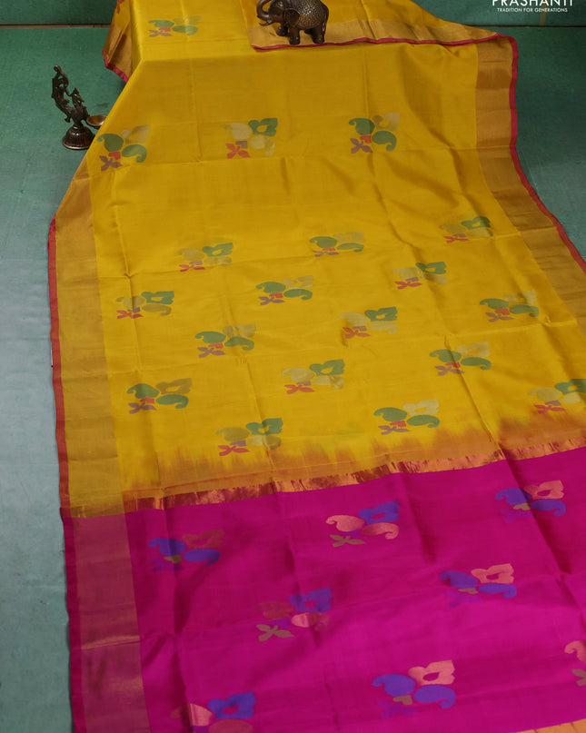 Pure uppada silk saree yellow and pink with jamdhani buttas and jamdhani weaving pallu